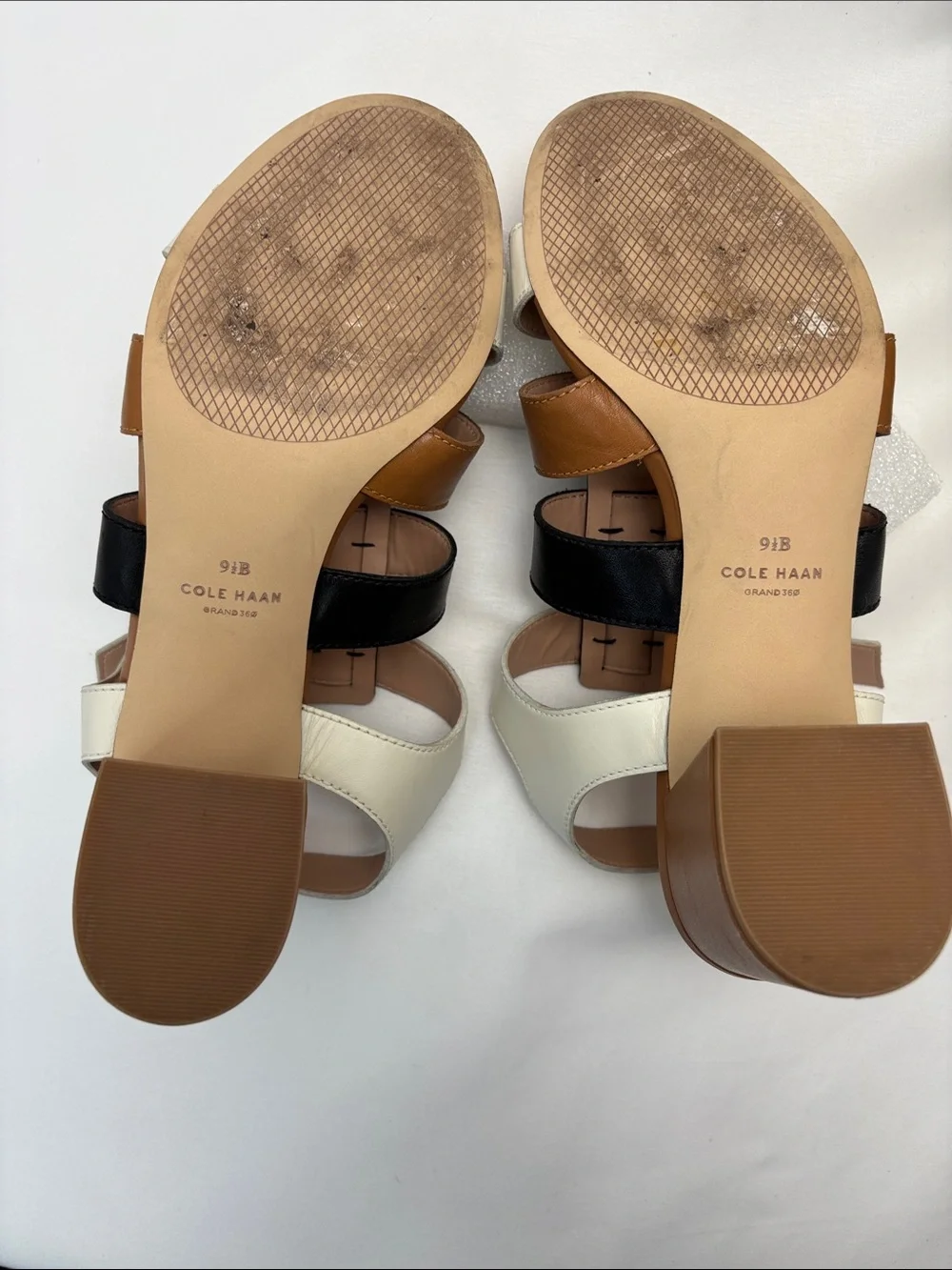 Cole Haan Women’s 9.5 Tri-Panel Leather Block Heel Sandals -Blk,Brn and Wht #462